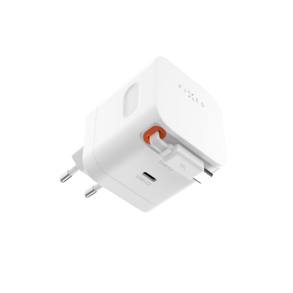 FIXED 2xUSB-C charger - retractable cable, GaN, PD 3.0, 65W, white