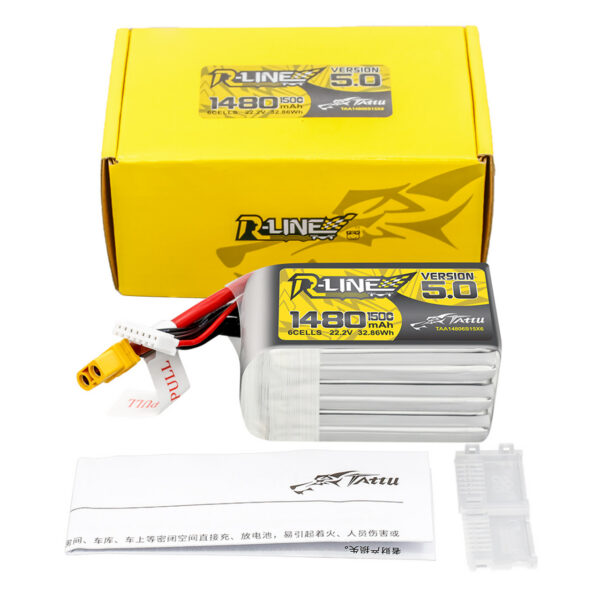 "Tattu R-Line" 5.0 versijos 1480mAh 22.2V 150C 6S Lipo akumuliatorių paketas su XT60 kištuku