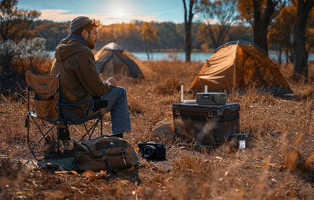 Stovyklaujantis vyras, sėdintis šalia palapinės, su fotoaparatu ir