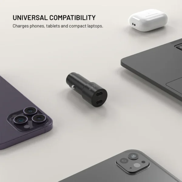 FIXED dvigubas USB-C automobilinis įkroviklis, 65 W, PD 3.0, juodas