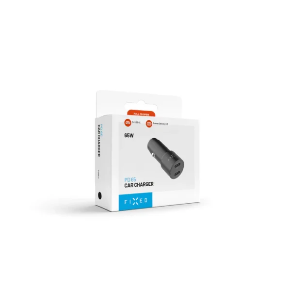 FIXED dvigubas USB-C automobilinis įkroviklis, 65 W, PD 3.0, juodas