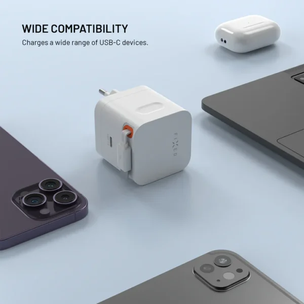 FIXED 2xUSB-C įkroviklis su ištraukiamu kabeliu, GaN, PD 3.0, 65W, baltas