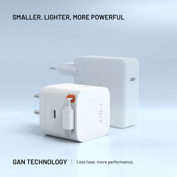 FIXED 2xUSB-C įkroviklis su ištraukiamu kabeliu, GaN, PD 3.0, 65W, baltas