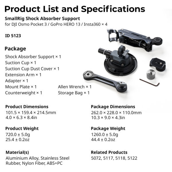 SmallRig 5123 Mini Shock Absorber Arm for DJI Osmo Pocket 3 / GoPro HERO13 / Insta360 X4